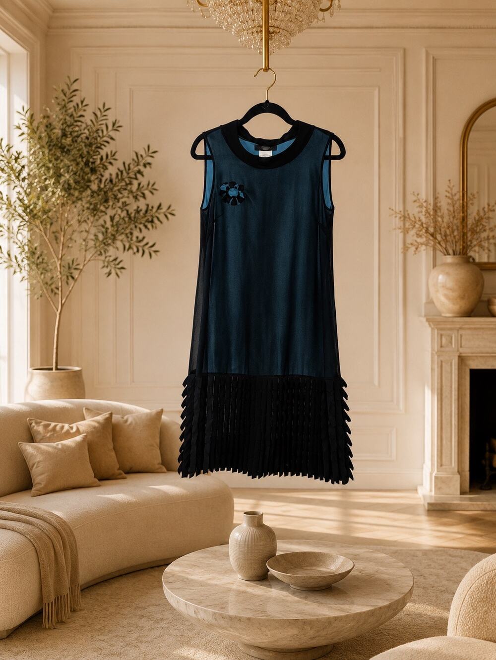 Max Mara Weekend Black Sheer Overlay Teal Lined Pleated Dress Size 6 Cocktail